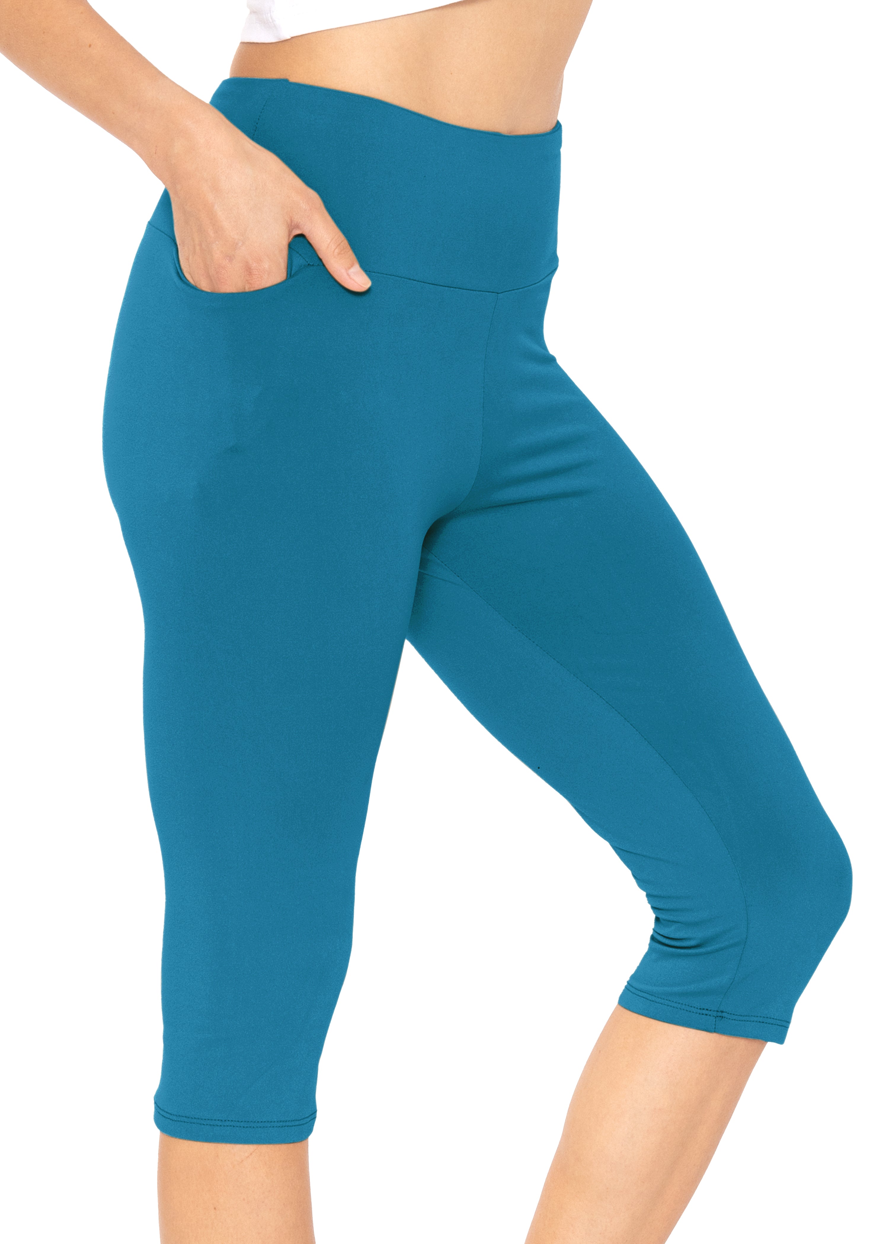 Women and Plus Size High Waist Knee Length Leggings with Pocket
