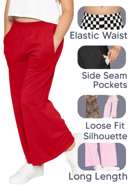 Girl's Cotton Wide Leg Pants | Pull-On Style with Pockets | Soft Stretch, Everyday Wear