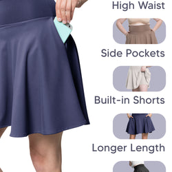 Women’s and Plus Ultra Flex High Waist Tennis Skirt with Pockets and Built in Shorts