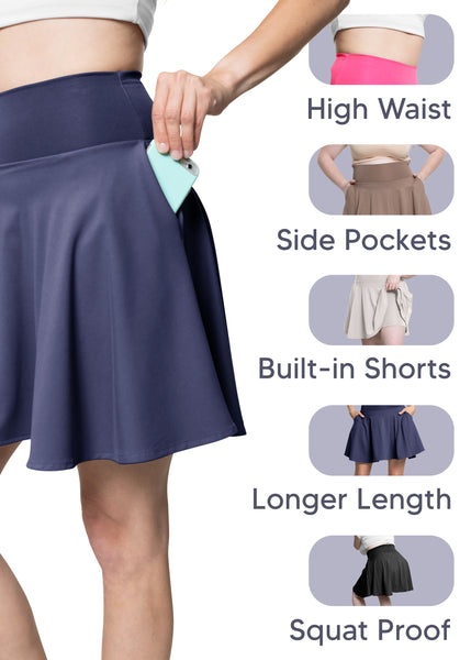 Women’s and Plus Ultra Flex High Waist Tennis Skirt with Pockets and Built in Shorts
