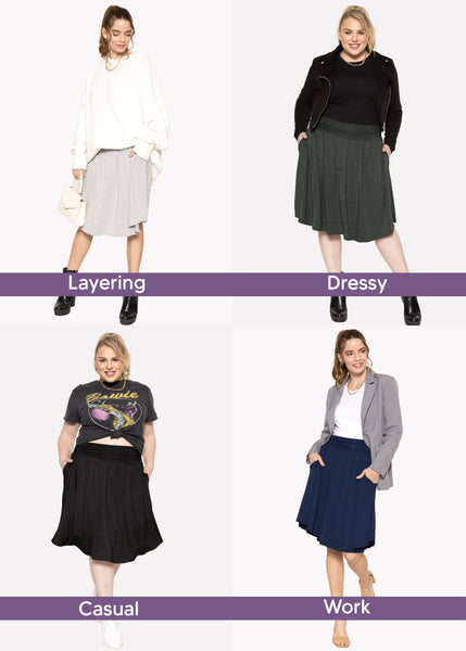 Women's and Plus Size Scoop Hem Flare Mid Length Skirt with Pockets